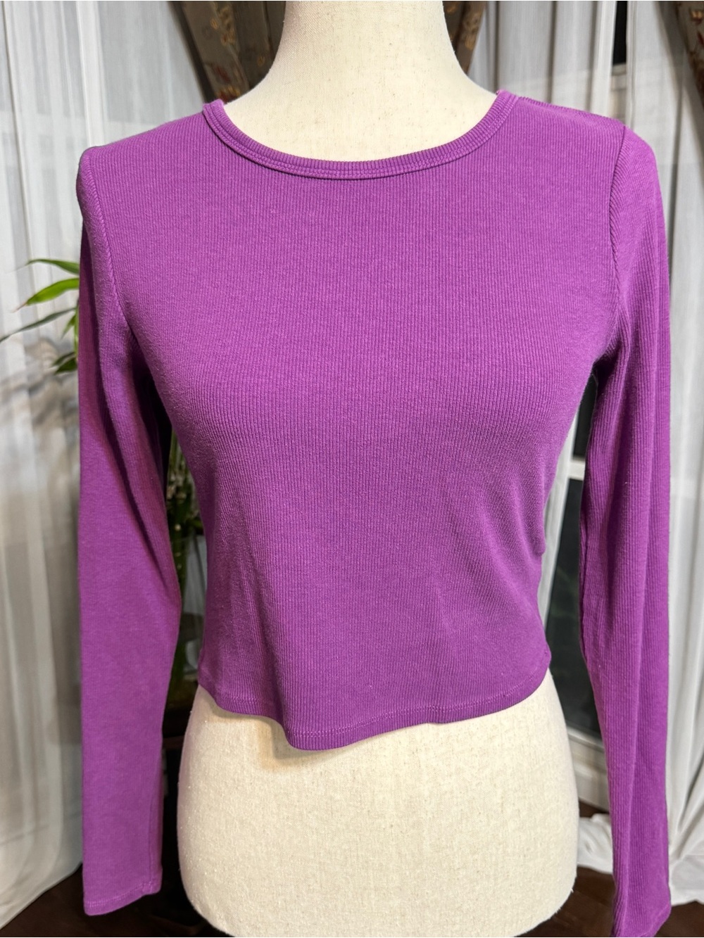 Garage Women's Purple Ribbed Long-Sleeve Crewneck Top